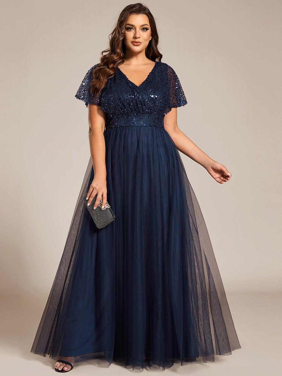 pretty NAVEYA|Plus Size A-Line Short Sleeve Tulle Evening Dress with Sequin Details - Image 15