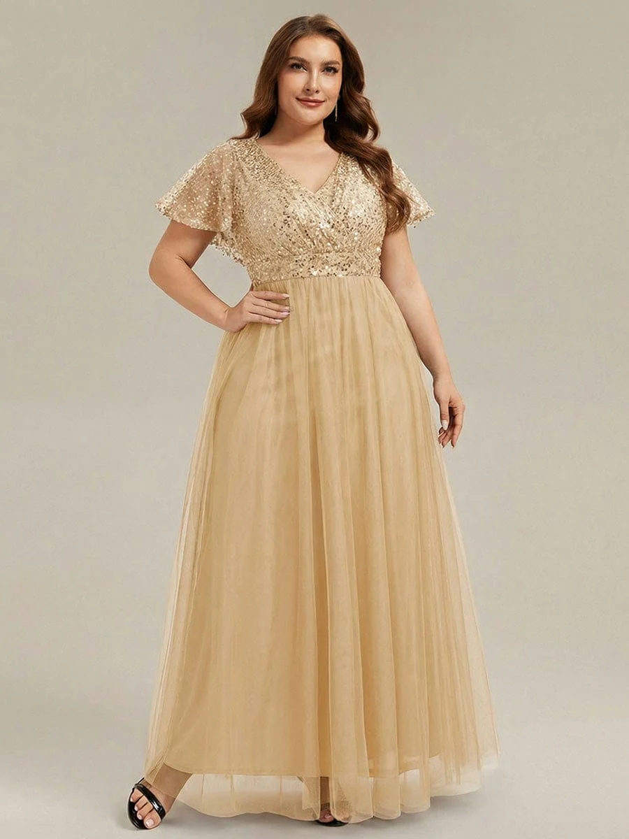 pretty NAVEYA|Plus Size A-Line Short Sleeve Tulle Evening Dress with Sequin Details - Image 16