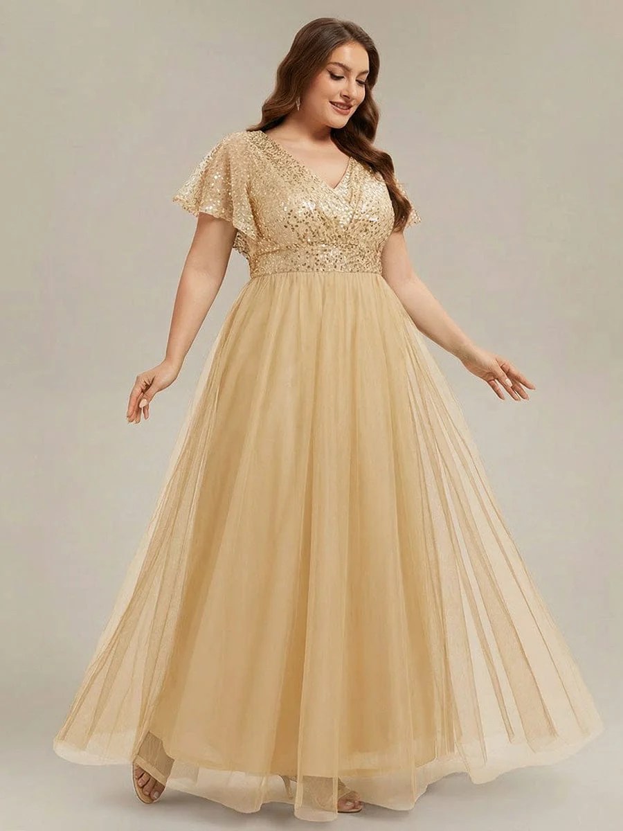 pretty NAVEYA|Plus Size A-Line Short Sleeve Tulle Evening Dress with Sequin Details - Image 19