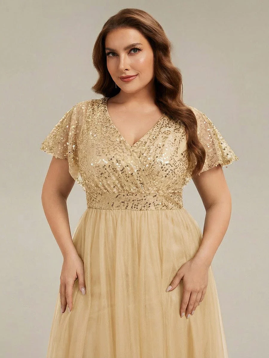 pretty NAVEYA|Plus Size A-Line Short Sleeve Tulle Evening Dress with Sequin Details - Image 20
