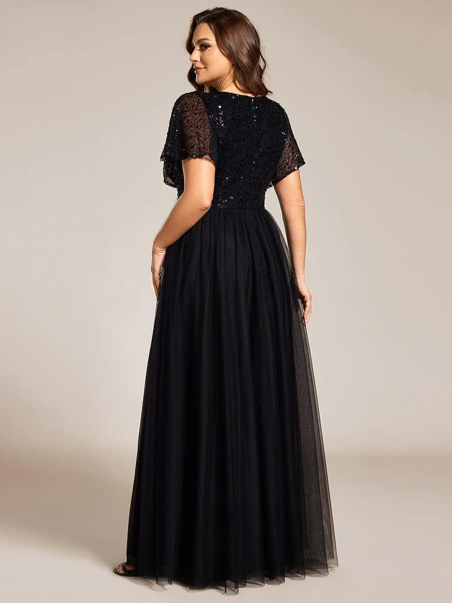 pretty NAVEYA|Plus Size A-Line Short Sleeve Tulle Evening Dress with Sequin Details - Image 3