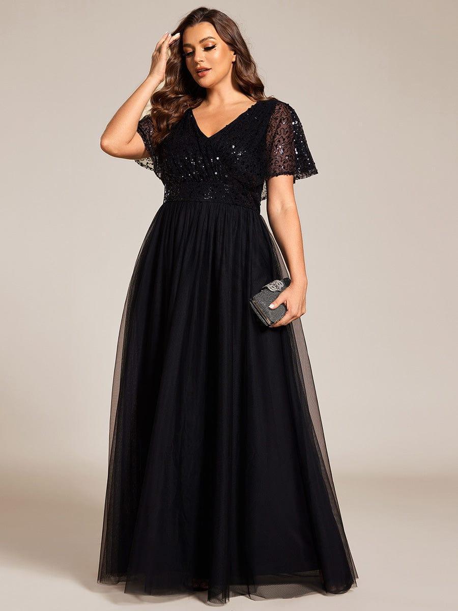 pretty NAVEYA|Plus Size A-Line Short Sleeve Tulle Evening Dress with Sequin Details - Image 5