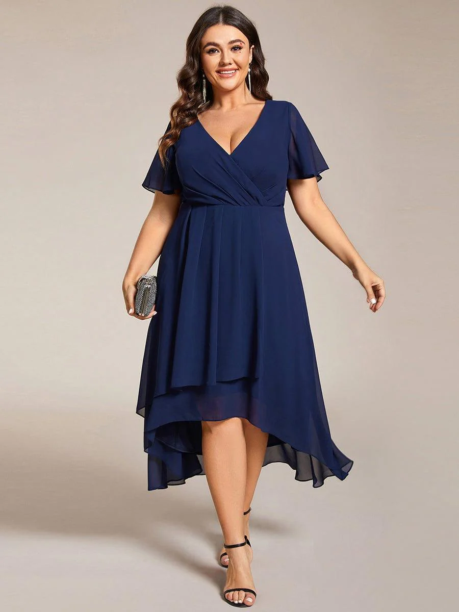 pretty LARK|Plus Size Chiffon Short Sleeve High-Low Wedding Guest Dress - Image 28