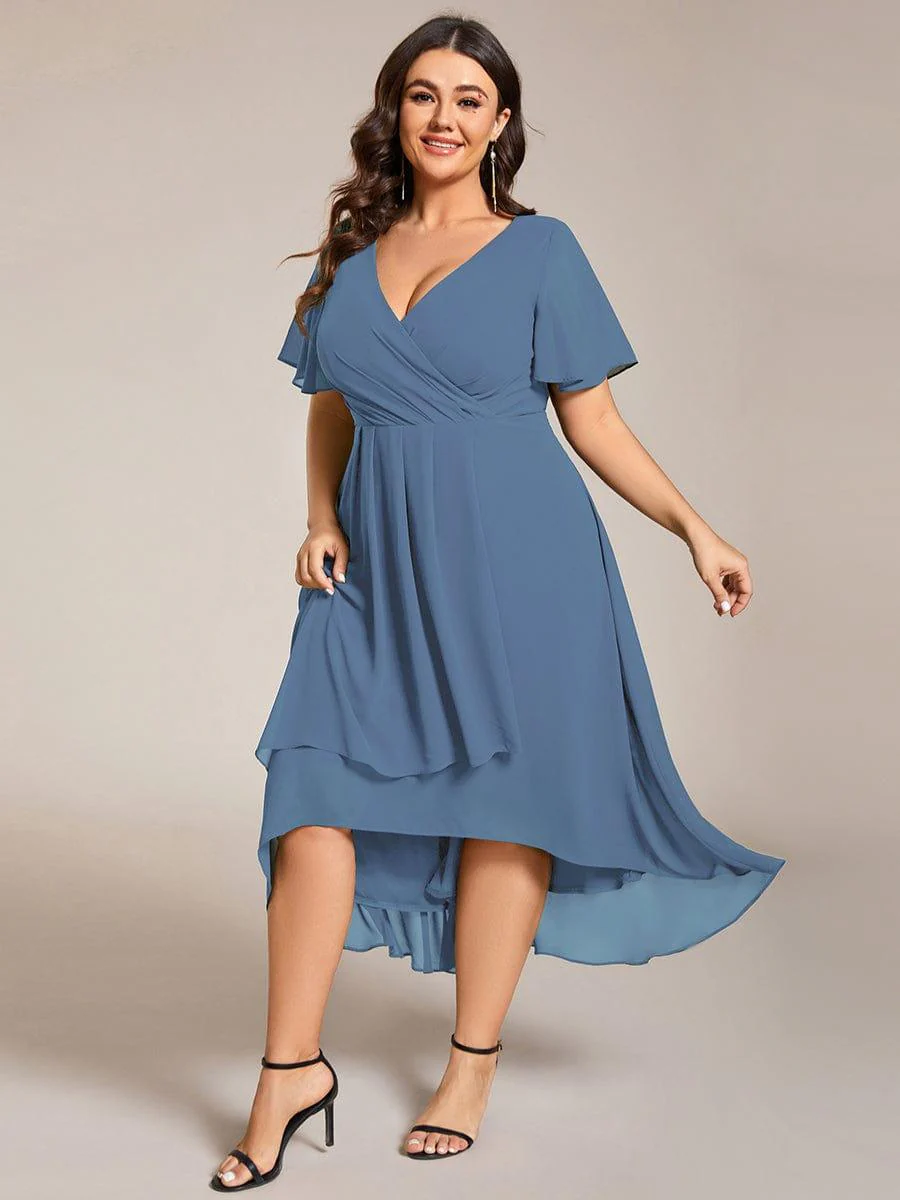 pretty LARK|Plus Size Chiffon Short Sleeve High-Low Wedding Guest Dress - Image 32
