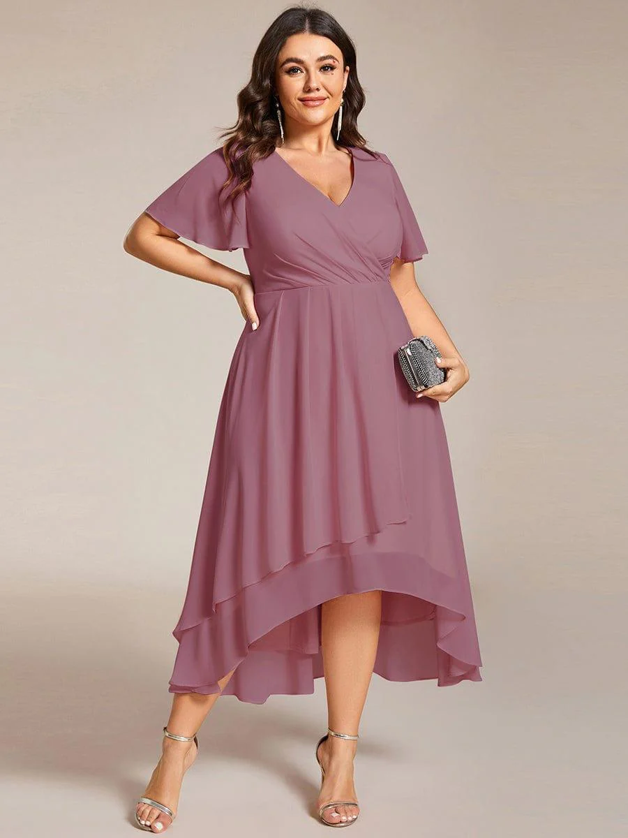 pretty LARK|Plus Size Chiffon Short Sleeve High-Low Wedding Guest Dress - Image 34