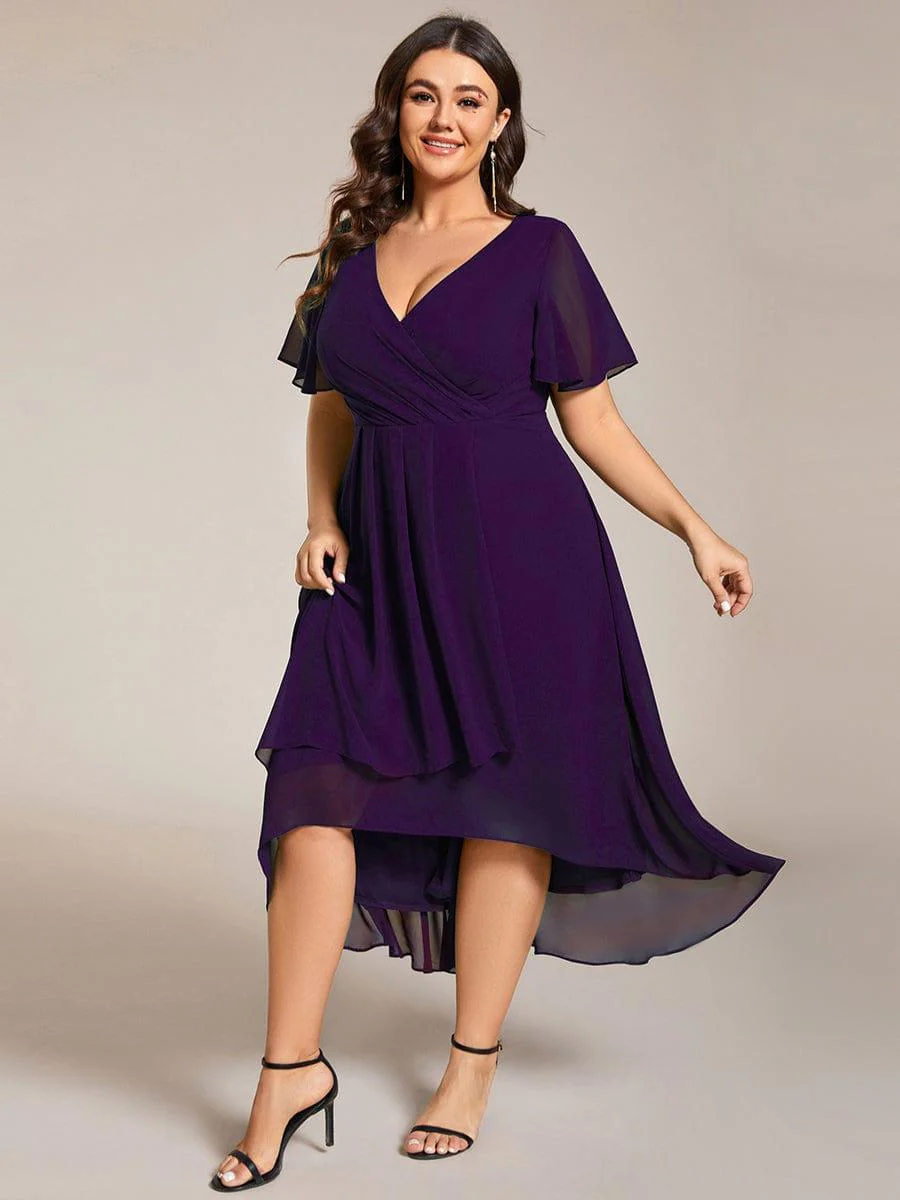 pretty LARK|Plus Size Chiffon Short Sleeve High-Low Wedding Guest Dress - Image 47