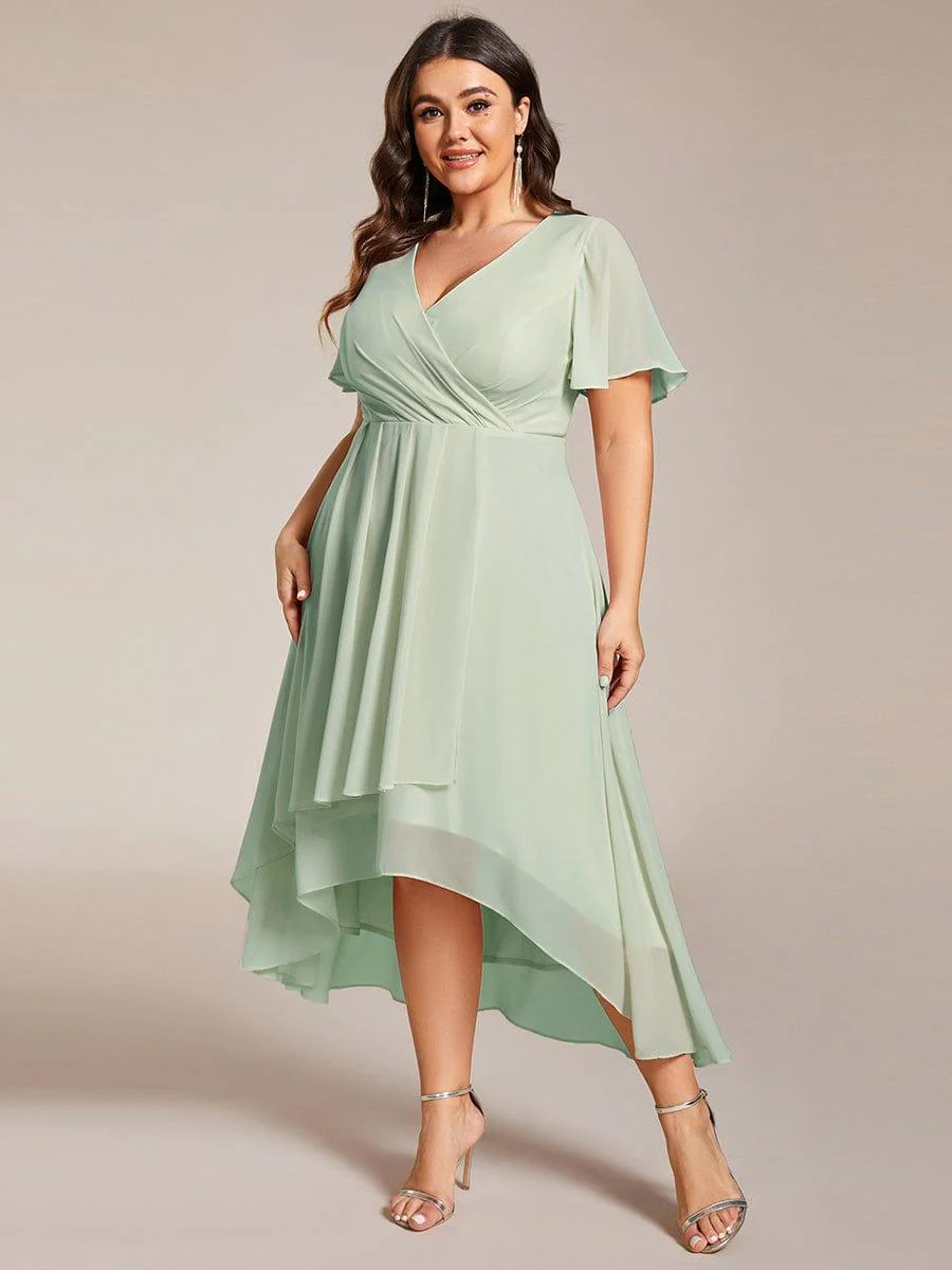 pretty LARK|Plus Size Chiffon Short Sleeve High-Low Wedding Guest Dress - Image 54