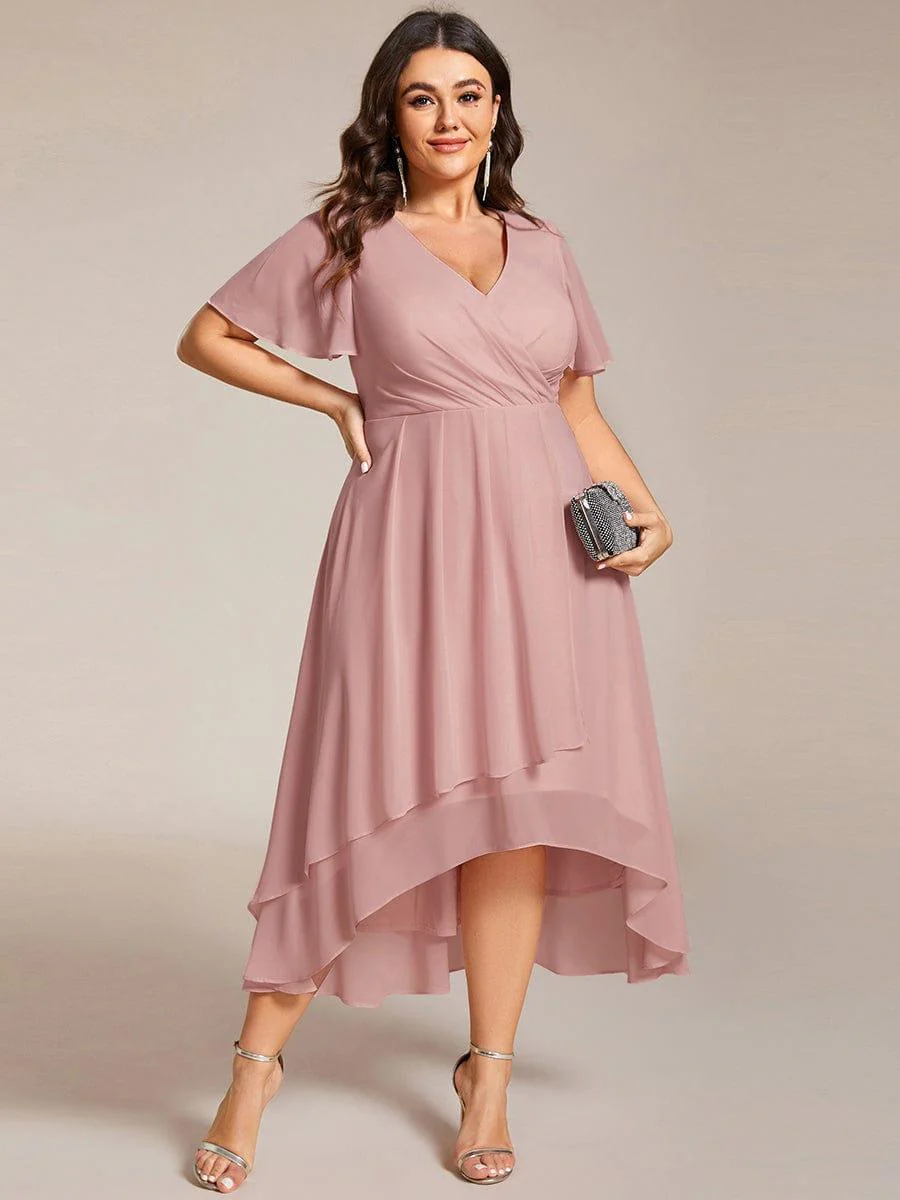 pretty LARK|Plus Size Chiffon Short Sleeve High-Low Wedding Guest Dress - Image 85
