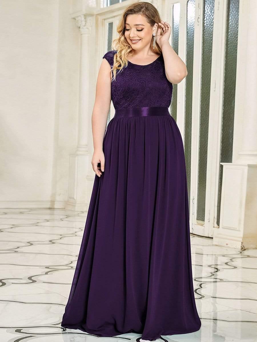 Plus Size Classic Round Neck V Back A-Line Chiffon Bridesmaid Dresses with Lace(Final Sale) - Image 40