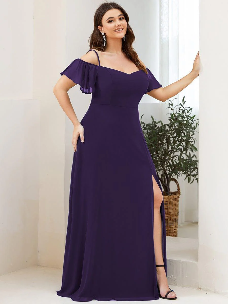 pretty REYA|Plus-Size Cold-Shoulder V-neck Bridesmaid Dress with Side Slit - Image 34
