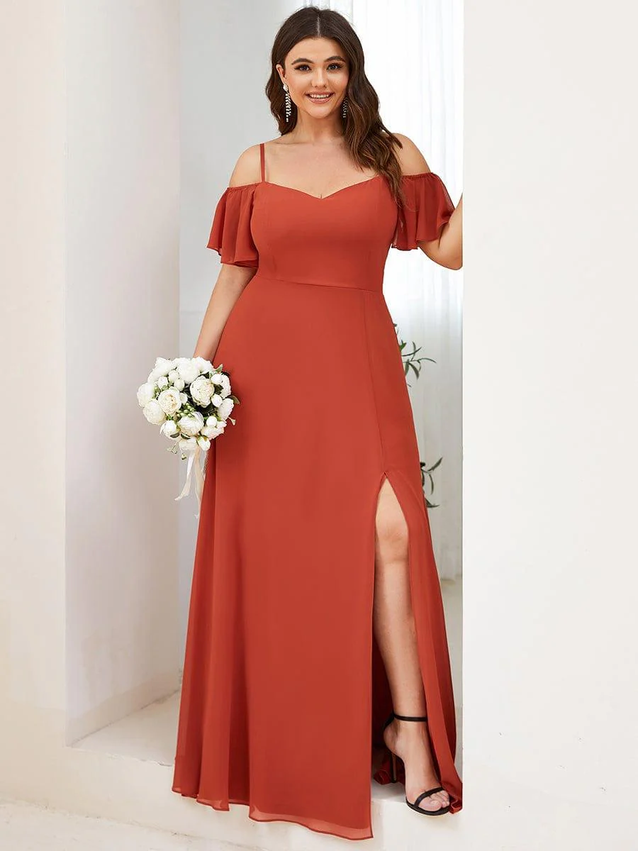 pretty REYA|Plus-Size Cold-Shoulder V-neck Bridesmaid Dress with Side Slit - Image 4