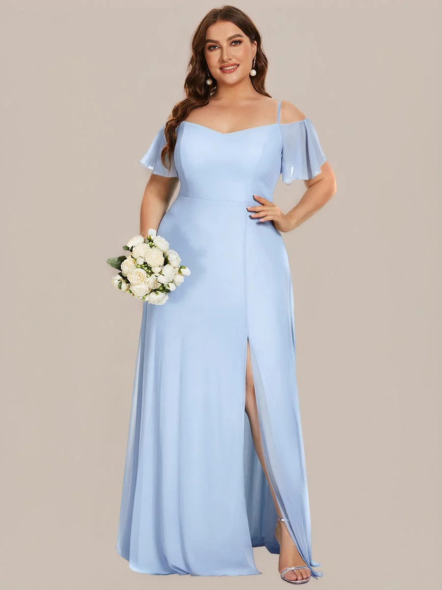 pretty REYA|Plus-Size Cold-Shoulder V-neck Bridesmaid Dress with Side Slit - Image 84