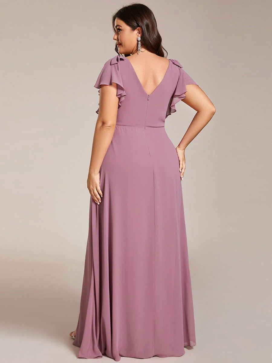 pretty ROSY|Plus Size Double V-Neck High Split Bridesmaid Dress with Ribbon Bow - Image 2