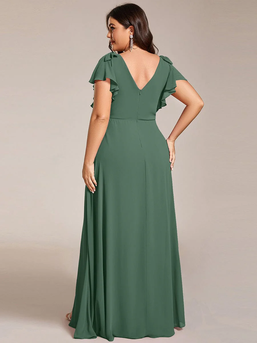 pretty ROSY|Plus Size Double V-Neck High Split Bridesmaid Dress with Ribbon Bow - Image 31