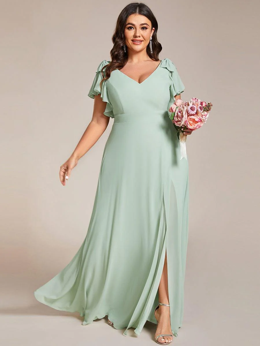 pretty ROSY|Plus Size Double V-Neck High Split Bridesmaid Dress with Ribbon Bow - Image 9