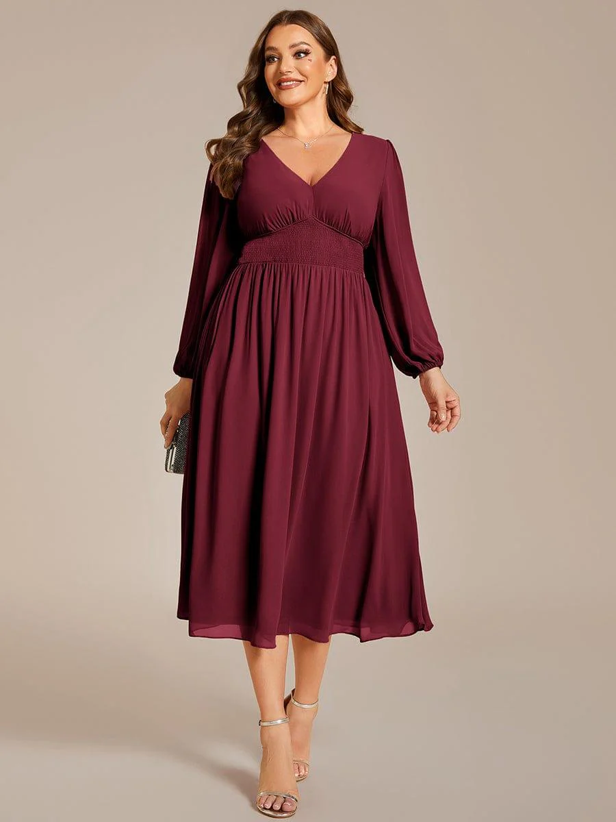 pretty AMARA|Plus Size Elegant V Neck Long Sleeves Midi Wedding Guest Dress(Final Sale) - Image 11