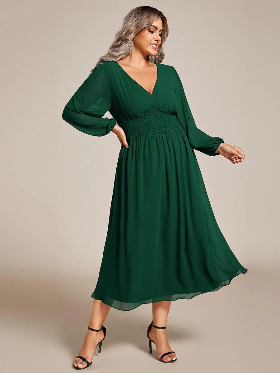 pretty AMARA|Plus Size Elegant V Neck Long Sleeves Midi Wedding Guest Dress(Final Sale) - Image 21