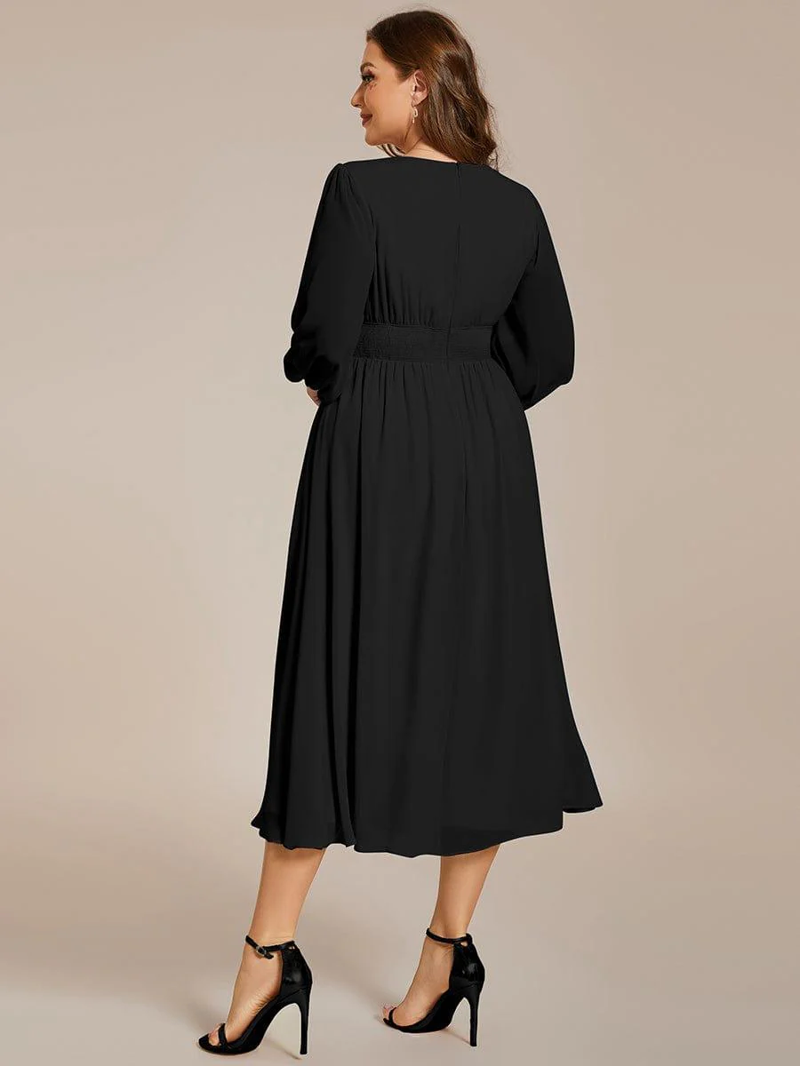 pretty AMARA|Plus Size Elegant V Neck Long Sleeves Midi Wedding Guest Dress(Final Sale) - Image 24