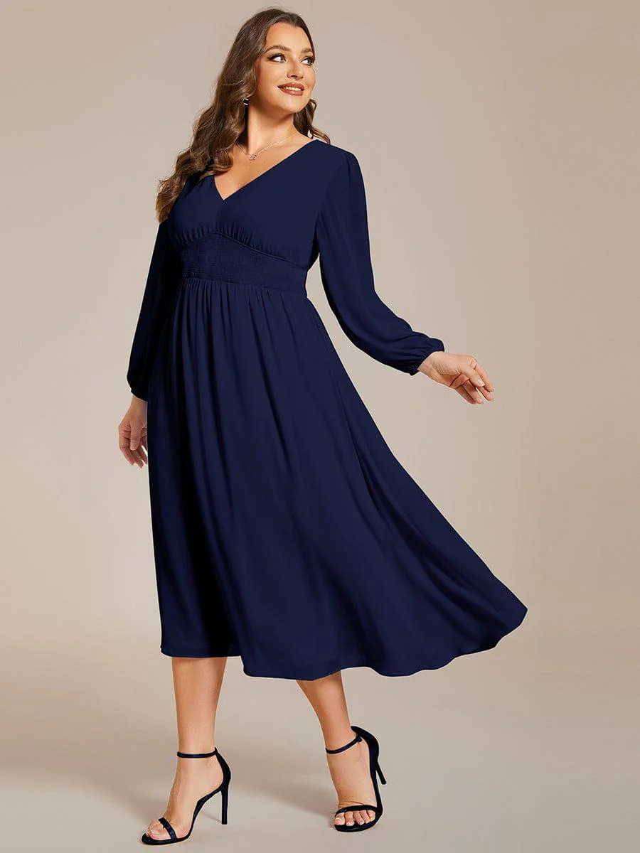 pretty AMARA|Plus Size Elegant V Neck Long Sleeves Midi Wedding Guest Dress(Final Sale) - Image 34
