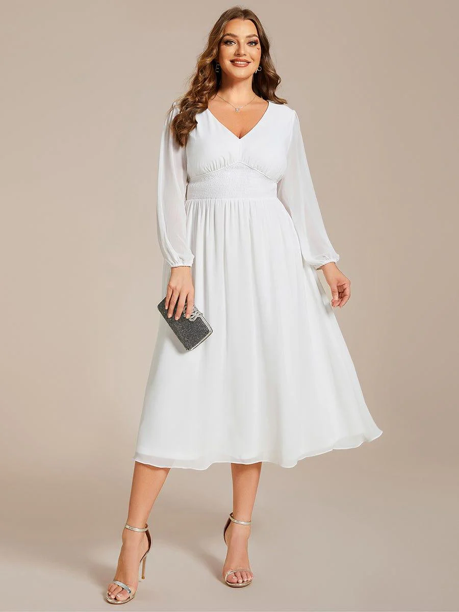 pretty AMARA|Plus Size Elegant V Neck Long Sleeves Midi Wedding Guest Dress(Final Sale) - Image 39