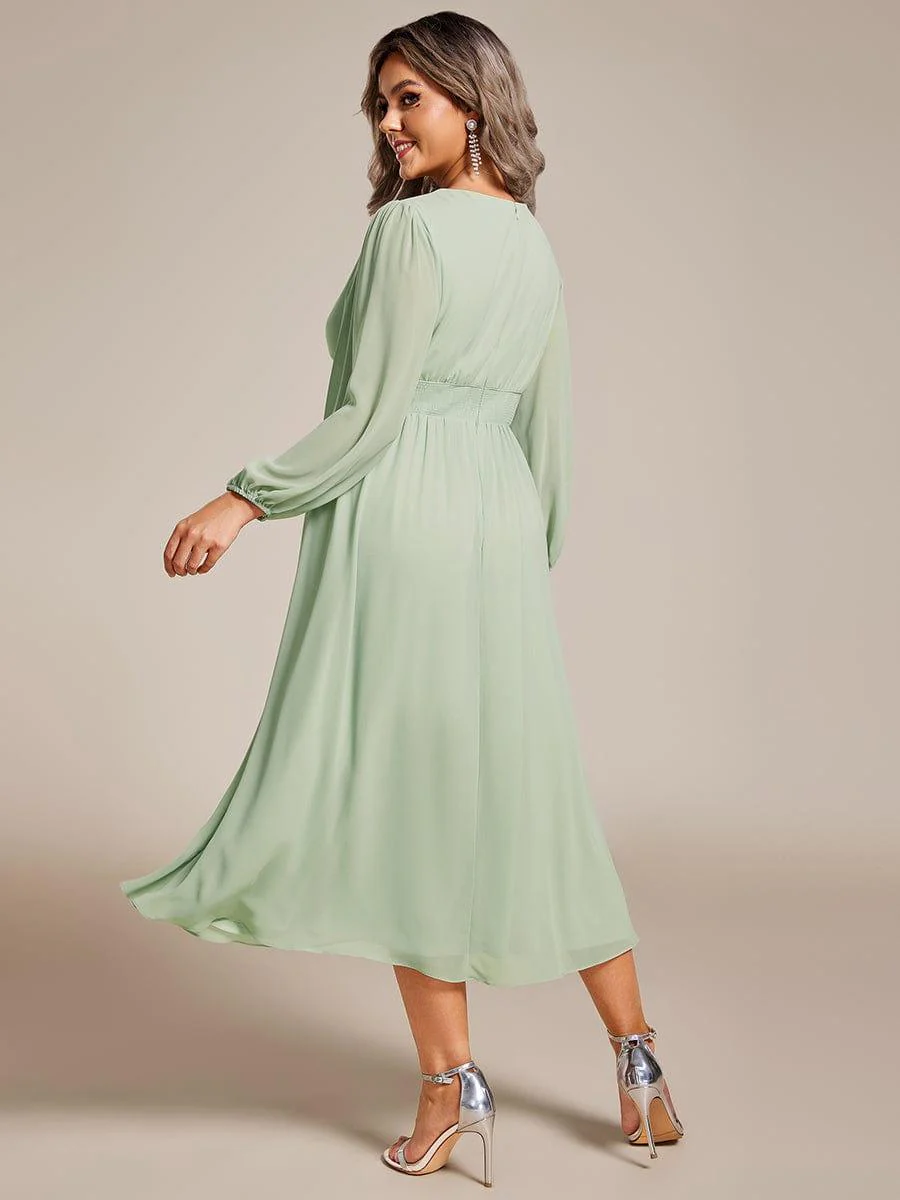 pretty AMARA|Plus Size Elegant V Neck Long Sleeves Midi Wedding Guest Dress(Final Sale) - Image 6