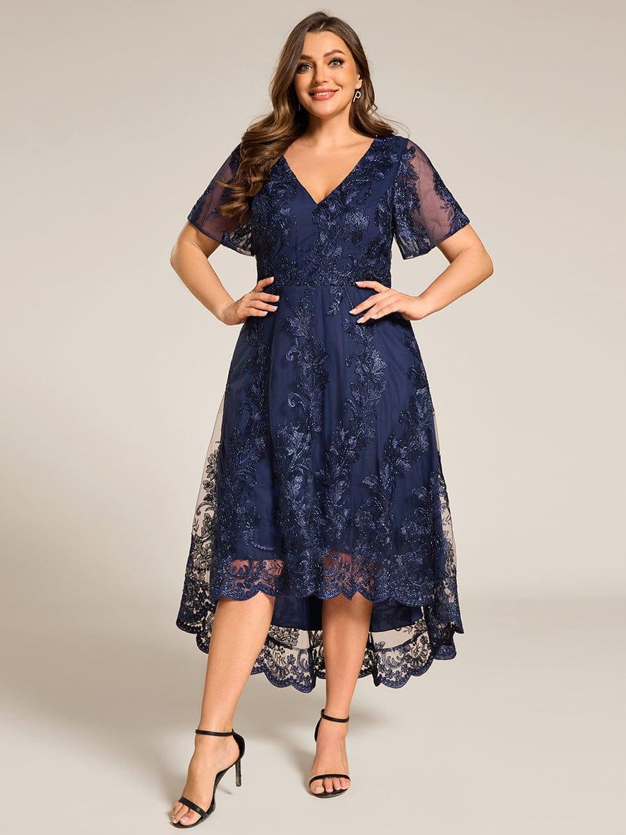 ever TIDAL|Embroidered Mesh High-Low Midi Wedding Guest Dress with Short Sleeves - Image 9
