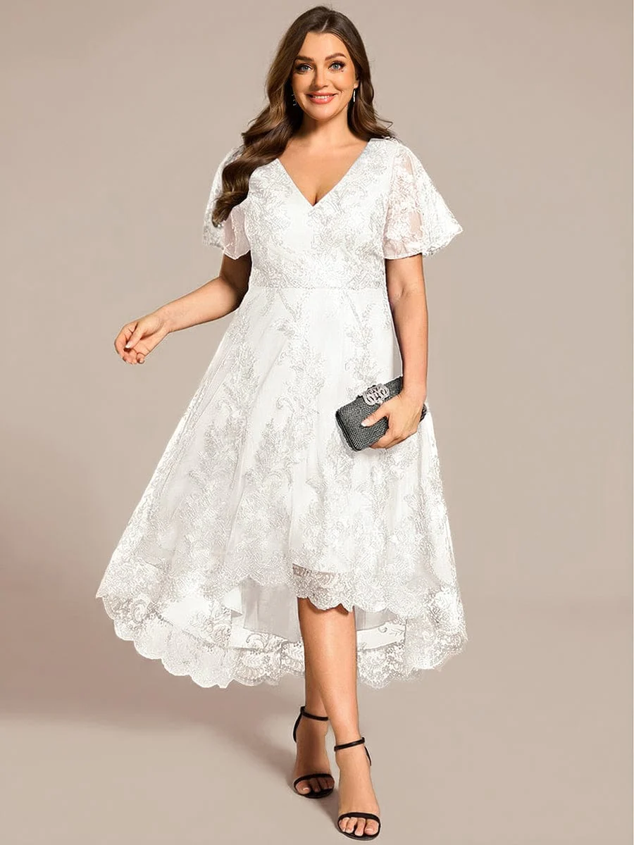 pretty TIDAL|Plus Size Embroidered Mesh High-Low Midi Wedding Guest Dress with Short Sleeves - Image 16
