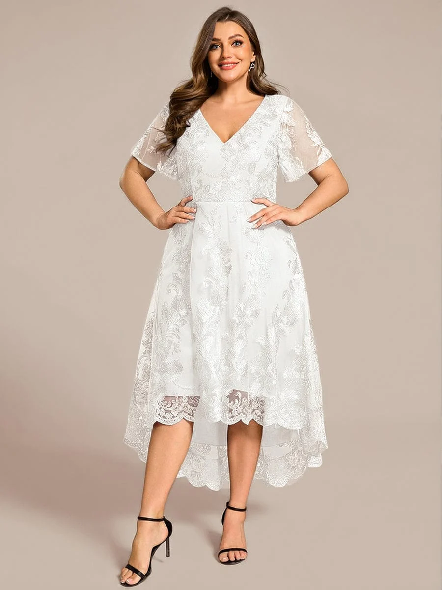 pretty TIDAL|Plus Size Embroidered Mesh High-Low Midi Wedding Guest Dress with Short Sleeves - Image 19