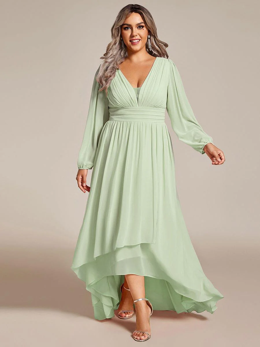 pretty GRIFFIN|Plus Size Enchanting Chiffon Lantern Sleeve Pleated High Waist Bridesmaid Dress - Image 19