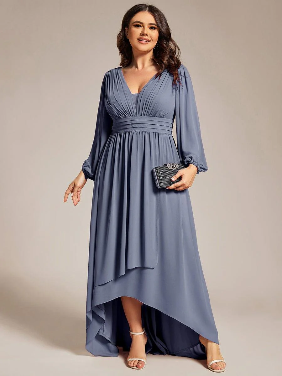 pretty GRIFFIN|Plus Size Enchanting Chiffon Lantern Sleeve Pleated High Waist Bridesmaid Dress - Image 34