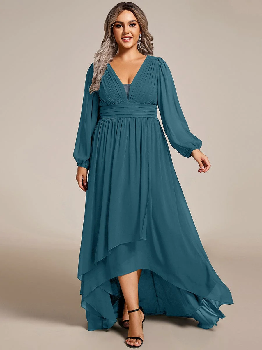 pretty GRIFFIN|Plus Size Enchanting Chiffon Lantern Sleeve Pleated High Waist Bridesmaid Dress - Image 40