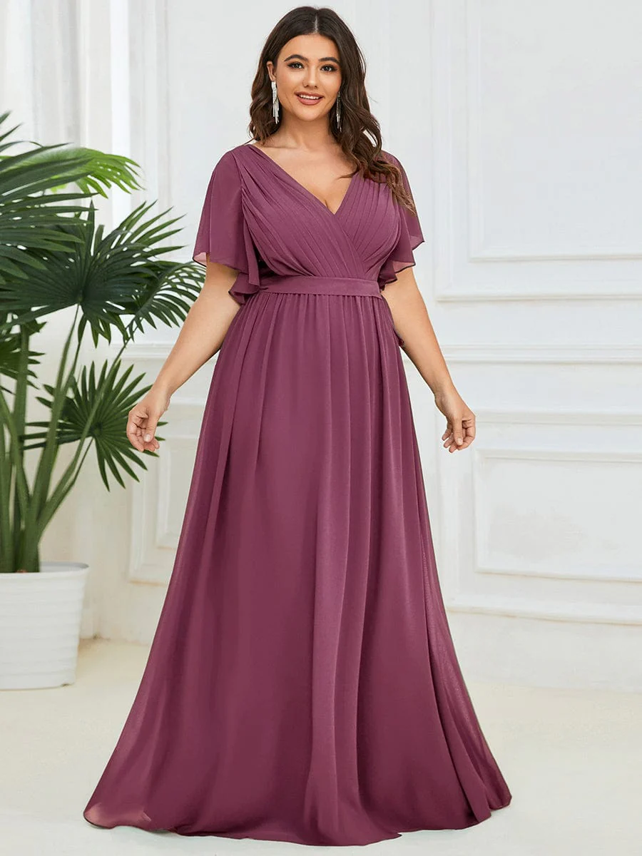pretty LEORA|Plus Size V-Neck Floor-Length Chiffon Evening Dress - Image 98