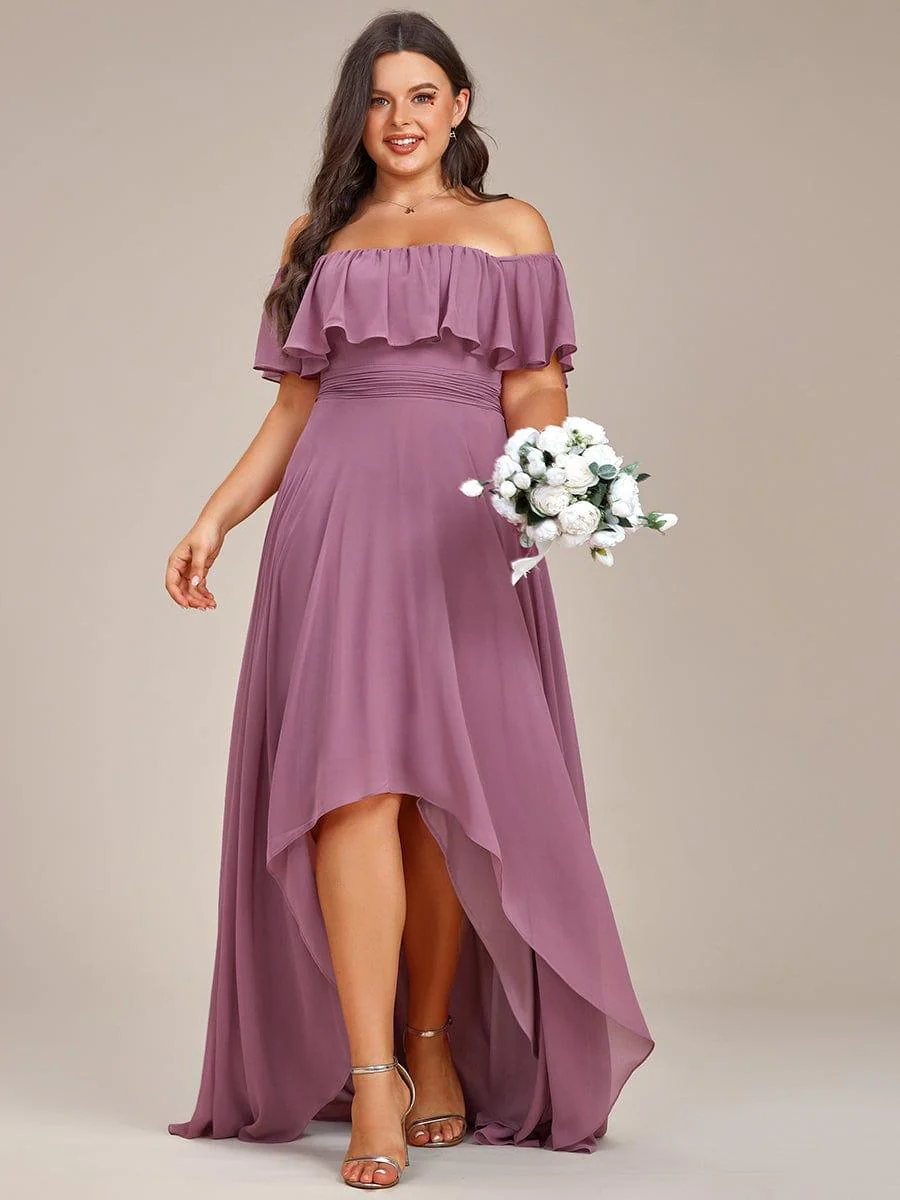 Plus Size Flowy Chiffon High-Low Off The Shoulder Bridesmaid Dress(Final Sale) - Image 9