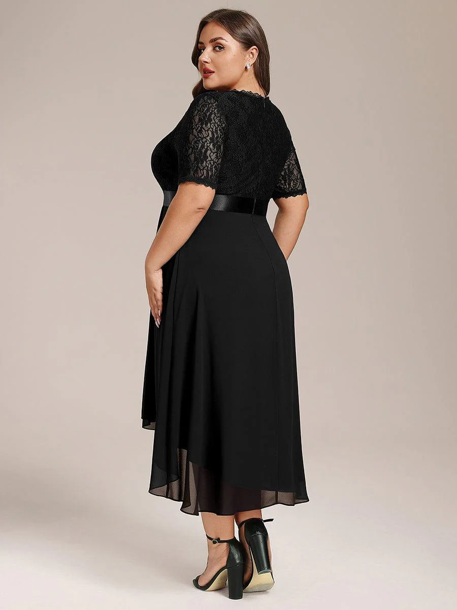 pretty JOLEN|Plus Size Half Sleeve V Neck Midi Wedding Guest Dress With Lace - Image 7