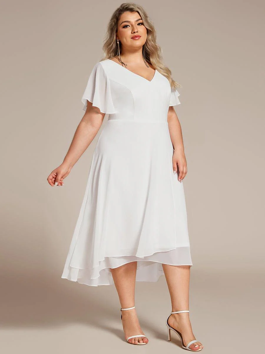 pretty AALIA|Plus Size High Low Chiffon Wedding Guest Dress with V-Neck and Ruffle Sleeves - Image 11
