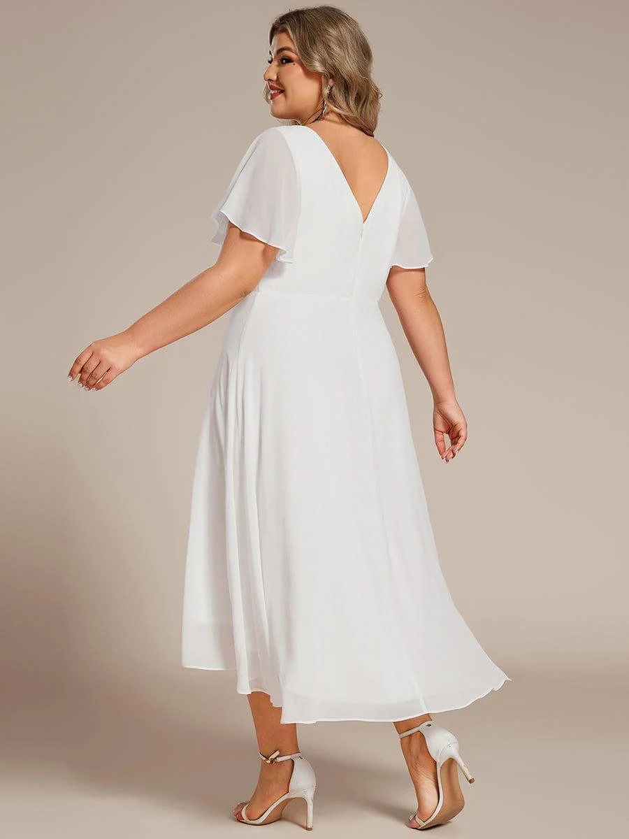 pretty AALIA|Plus Size High Low Chiffon Wedding Guest Dress with V-Neck and Ruffle Sleeves - Image 12