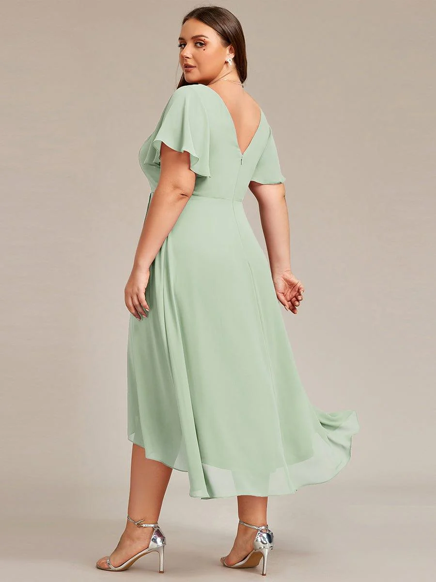 pretty AALIA|Plus Size High Low Chiffon Wedding Guest Dress with V-Neck and Ruffle Sleeves - Image 17