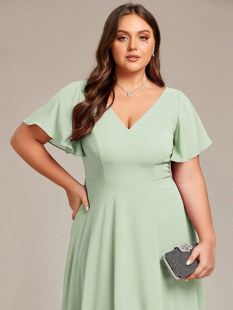 pretty AALIA|Plus Size High Low Chiffon Wedding Guest Dress with V-Neck and Ruffle Sleeves - Image 18