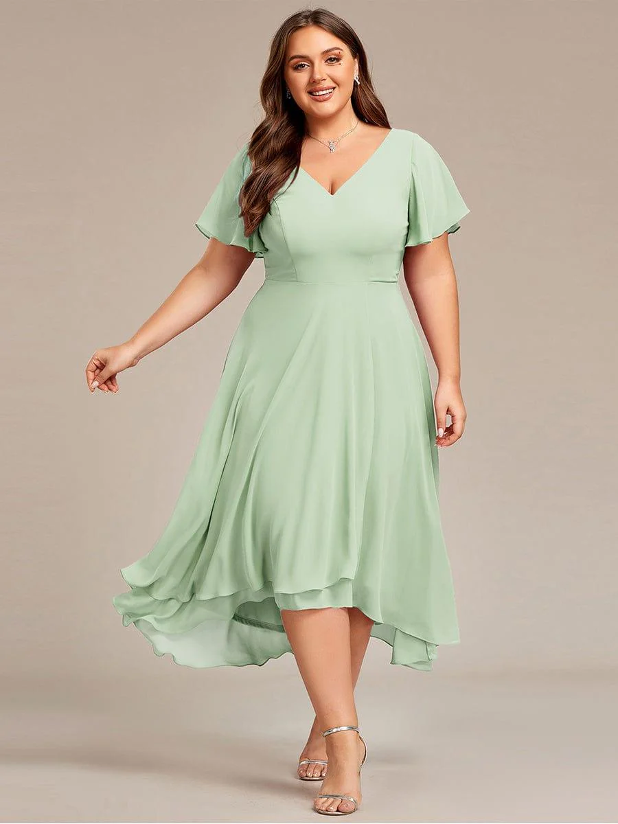 pretty AALIA|Plus Size High Low Chiffon Wedding Guest Dress with V-Neck and Ruffle Sleeves - Image 19