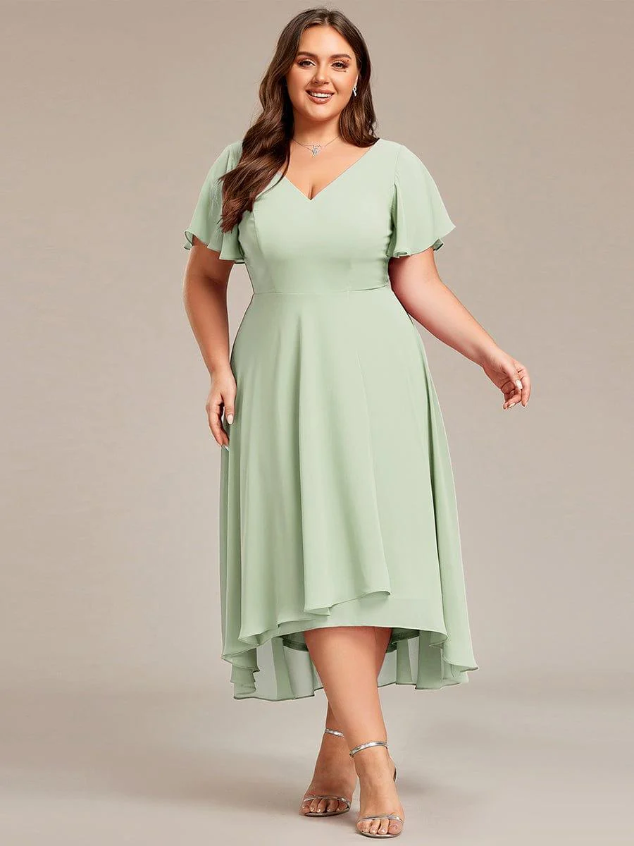 pretty AALIA|Plus Size High Low Chiffon Wedding Guest Dress with V-Neck and Ruffle Sleeves - Image 20
