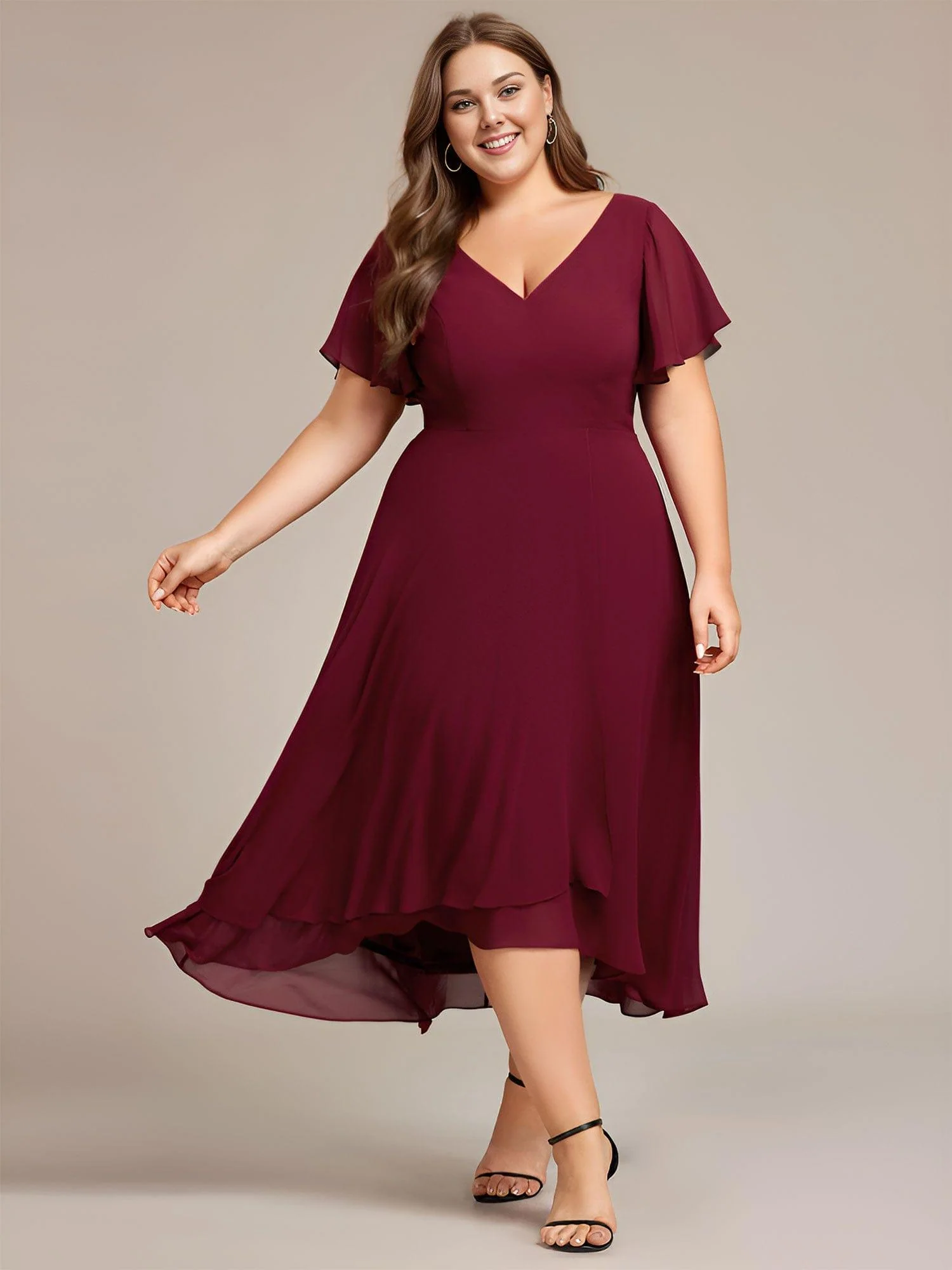 pretty AALIA|Plus Size High Low Chiffon Wedding Guest Dress with V-Neck and Ruffle Sleeves - Image 5