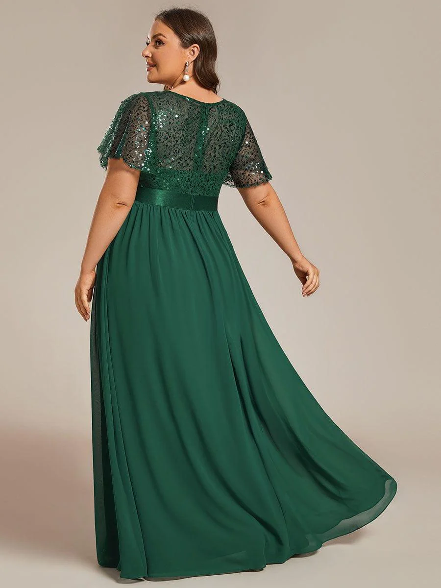Plus Size High Waist Sequin Round-Neck Short-Sleeved Evening Dress - Image 12