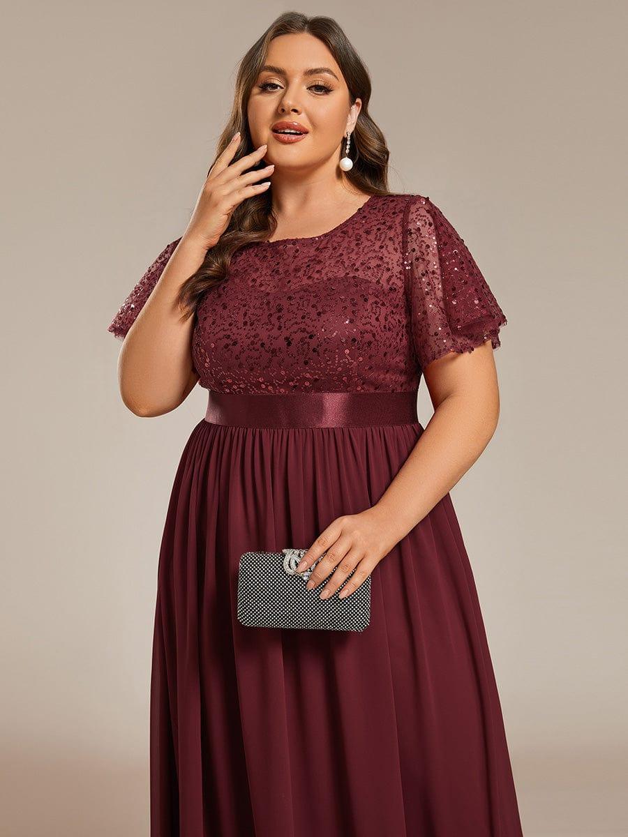 Plus Size High Waist Sequin Round-Neck Short-Sleeved Evening Dress - Image 3