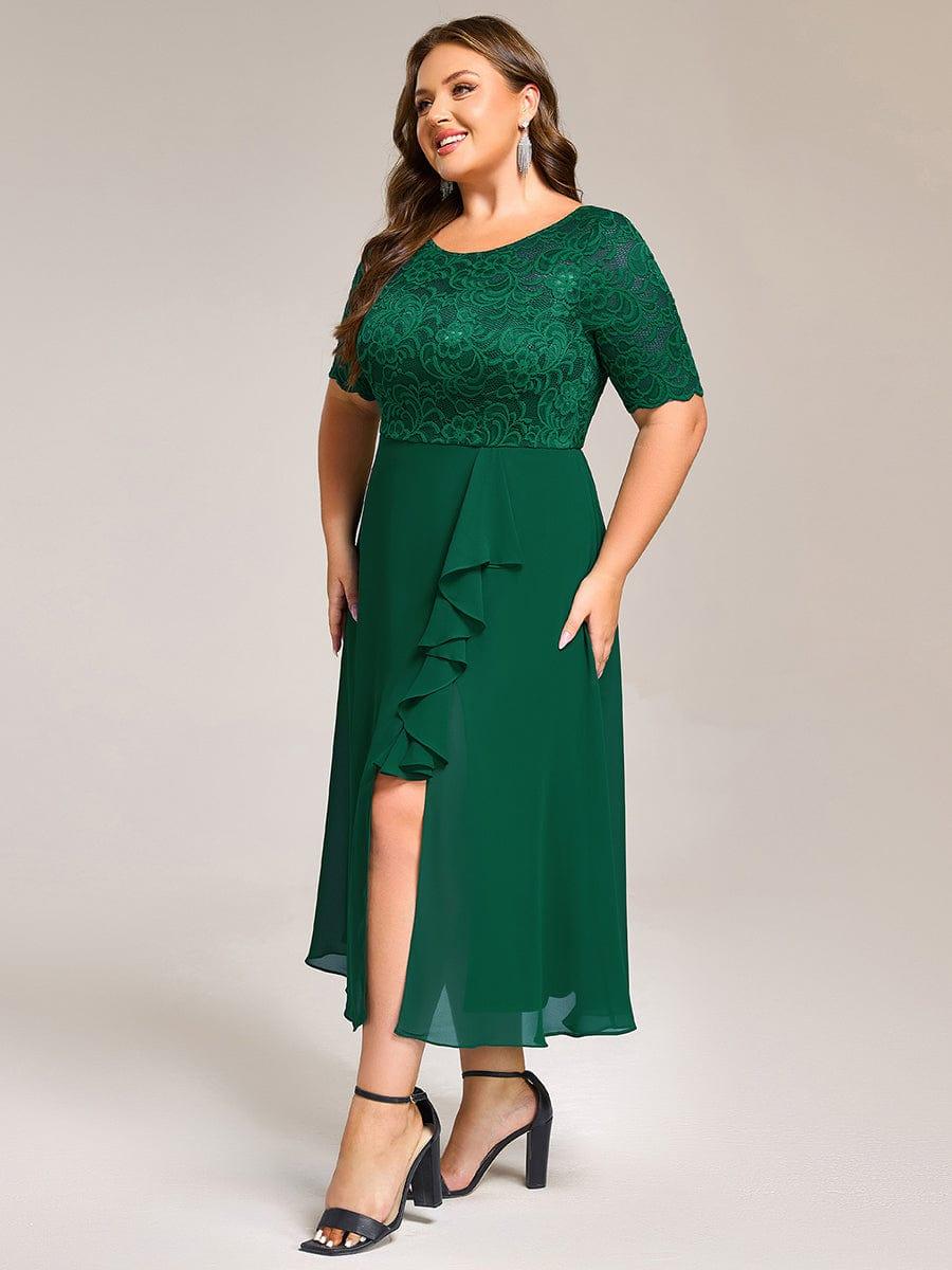pretty NYLA|Plus Size Lace Top Short Sleeve Split Round Neck Evening Dress - Image 10