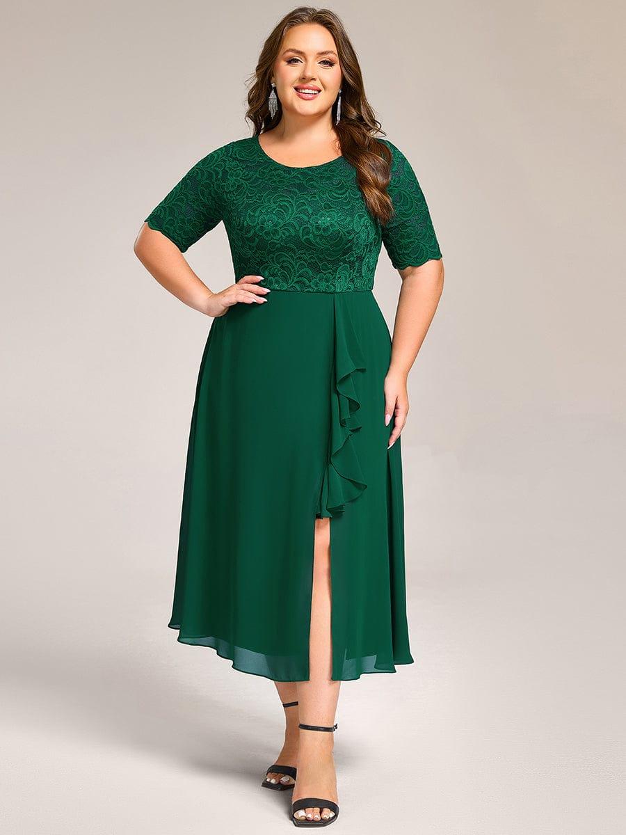 pretty NYLA|Plus Size Lace Top Short Sleeve Split Round Neck Evening Dress - Image 6