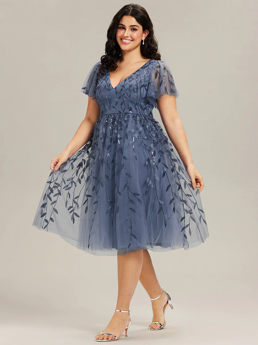 pretty SIMONE|Plus Size Leaf Sequin Tulle Midi Wedding Guest Dress(Final Sale) - Image 14