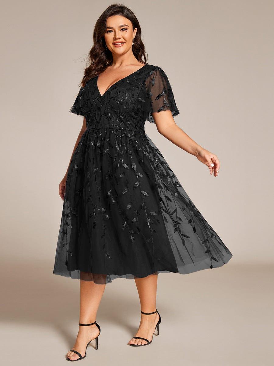 pretty SIMONE|Plus Size Leaf Sequin Tulle Midi Wedding Guest Dress(Final Sale) - Image 30