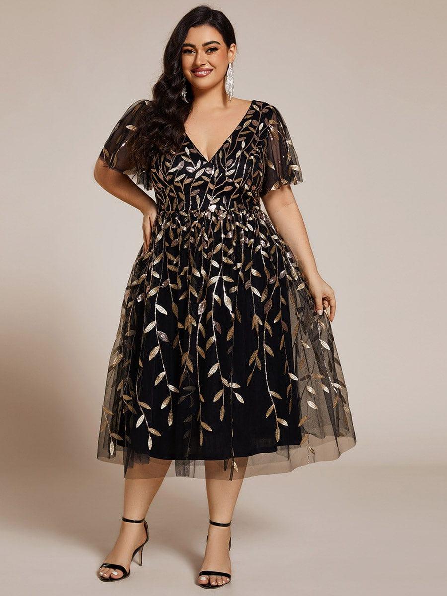 pretty SIMONE|Plus Size Leaf Sequin Tulle Midi Wedding Guest Dress(Final Sale) - Image 40