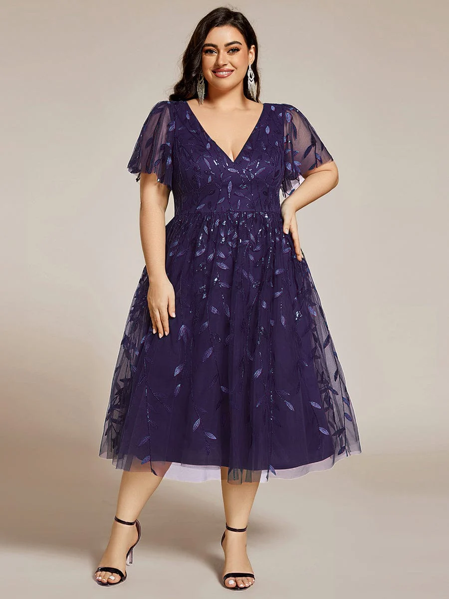 pretty SIMONE|Plus Size Leaf Sequin Tulle Midi Wedding Guest Dress(Final Sale) - Image 61