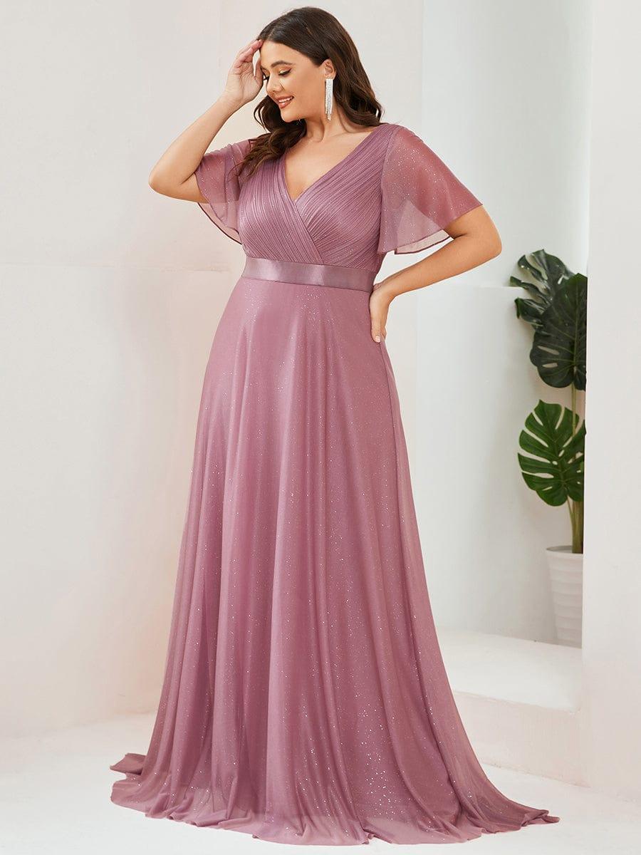 pretty LIORÉ|Plus Size Long Shimmery Pleated V-Neck Evening Dress with Flutter Sleeve - Image 23